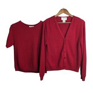 Talbots 2 Pc Set Red Cable Knit Top Cardigan Cotton Blend Made in the USA Sz PS